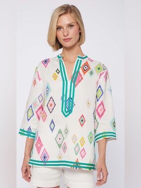 Vilagallo 100% Linen Ikat Tunic Contrast Trim Portugal Sz S 38 Colorful